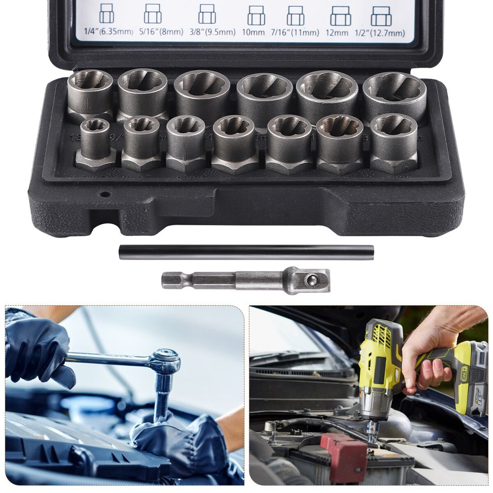 15PC Impact Bolt Nut Remover Extractor Socket Tool Set for Damaged Rusted Frozen