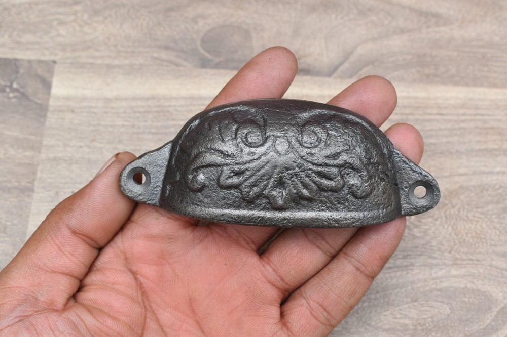 Vintage cast iron Cup Bin Pulls cabinet drawer door knobs handles pull rustic 6p