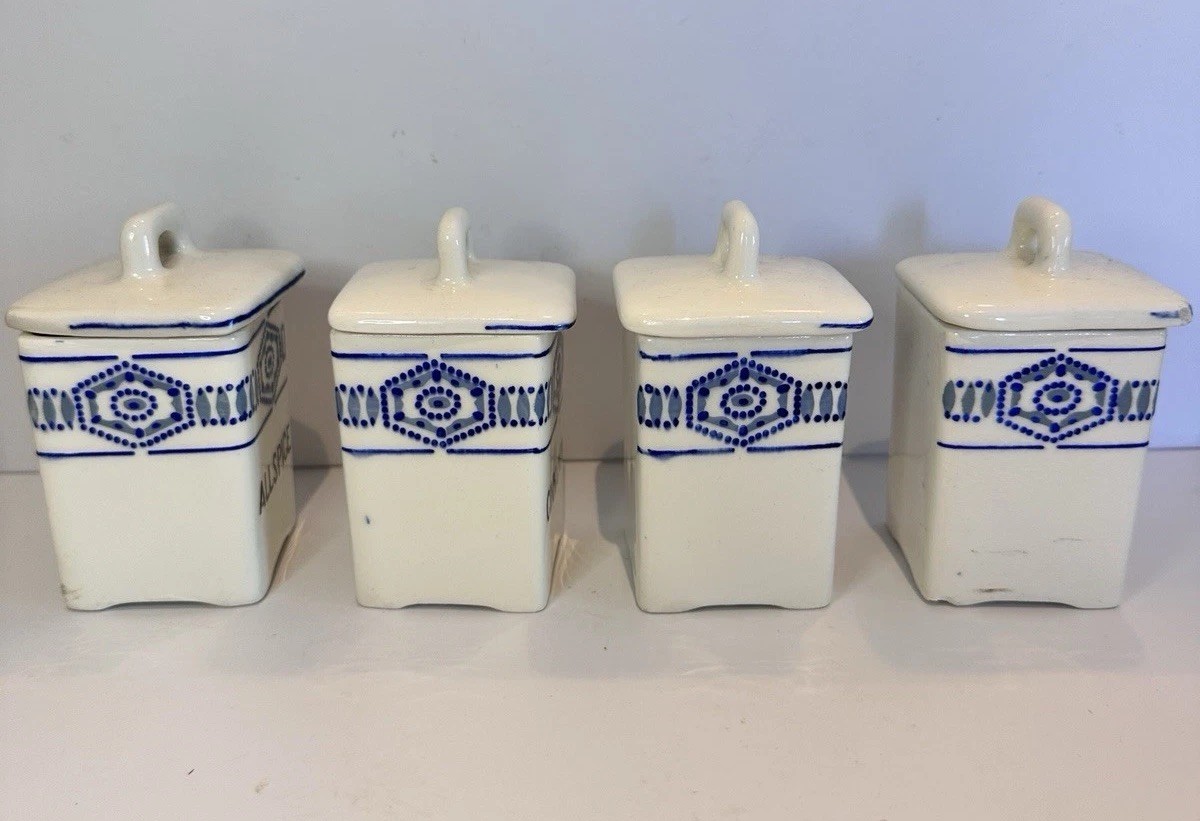 4 Blue and white Czechoslovakian spice canisters vintage