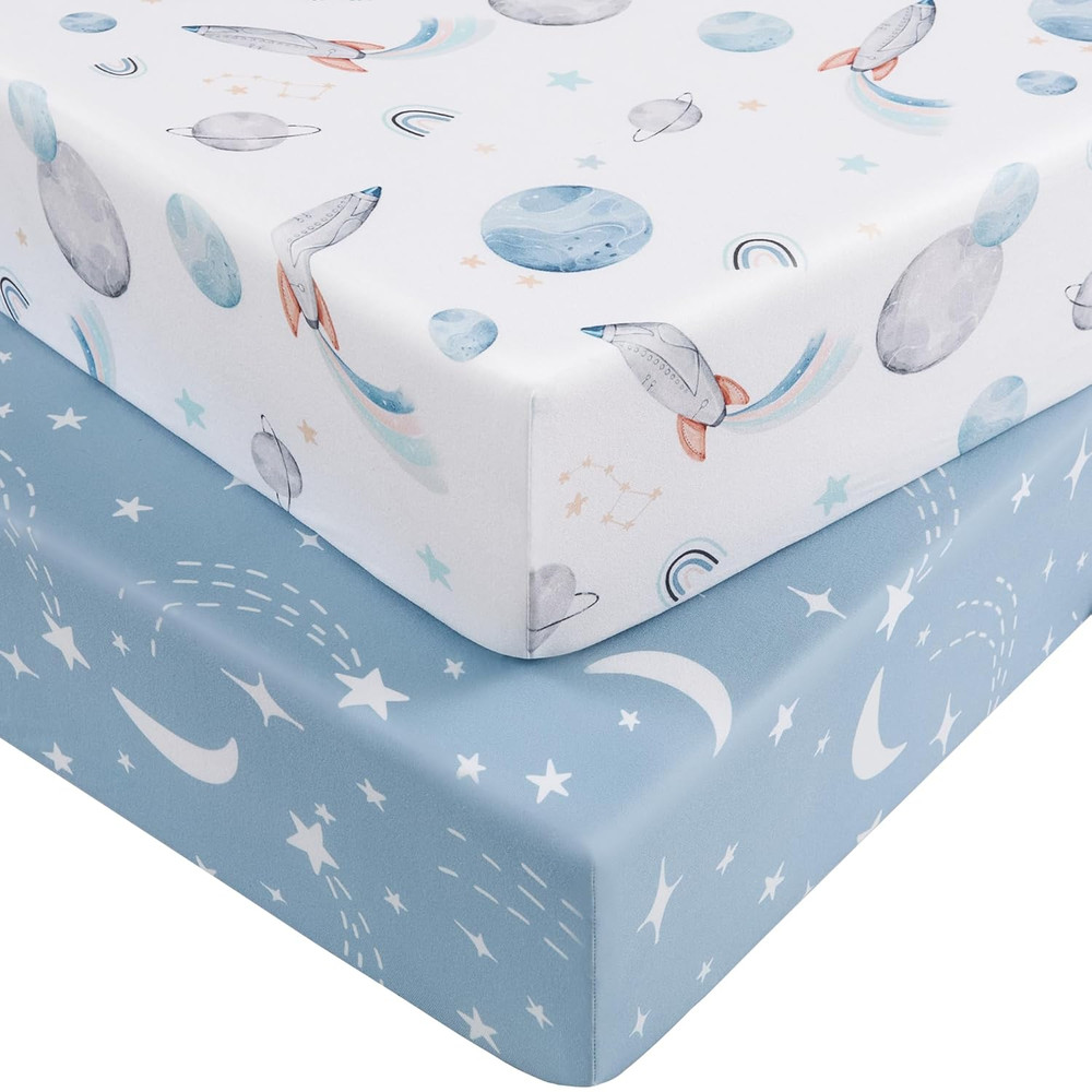 2-Pack Pack and Play Sheets 38x26" Mini Crib Fitted Sheets Blue Rocket Soft 2ct