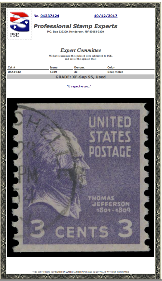 #842 Used Coil , PSE Graded 95, Cert # 01337424