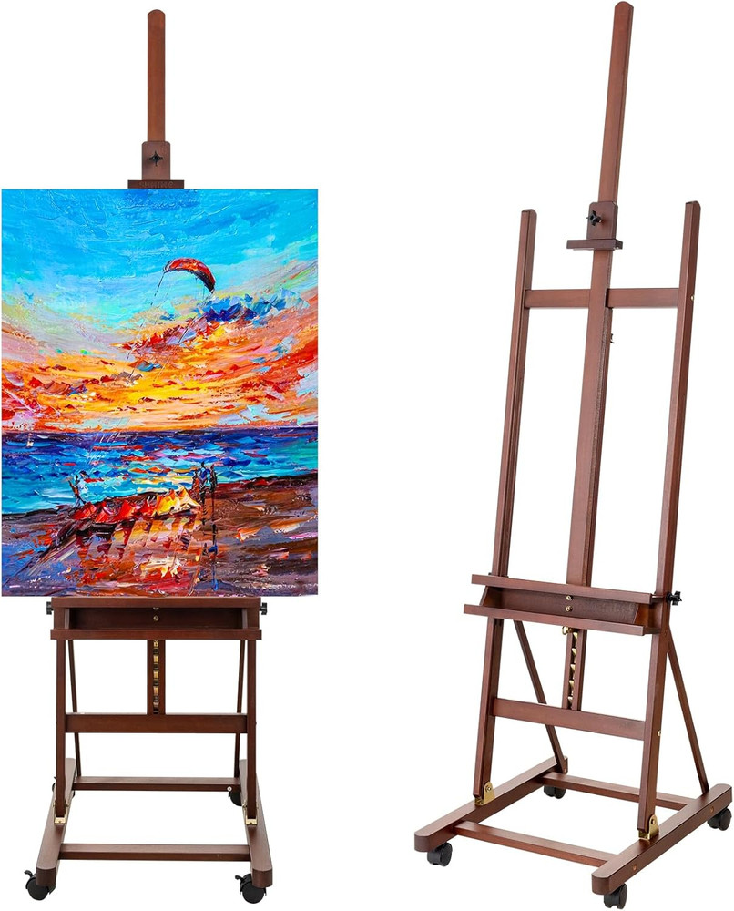 Adjustable Beechwood Studio Easel with Wheels & Storage for Canvas Up to 51