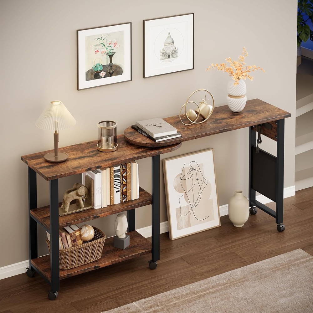 Rotating End Table With Charging Station Sofa Side Table With Extra Storage Bag