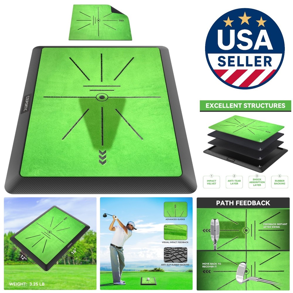 Golf Practice Mat 16"x12" with Swing Path Feedback & Replaceable Velvet