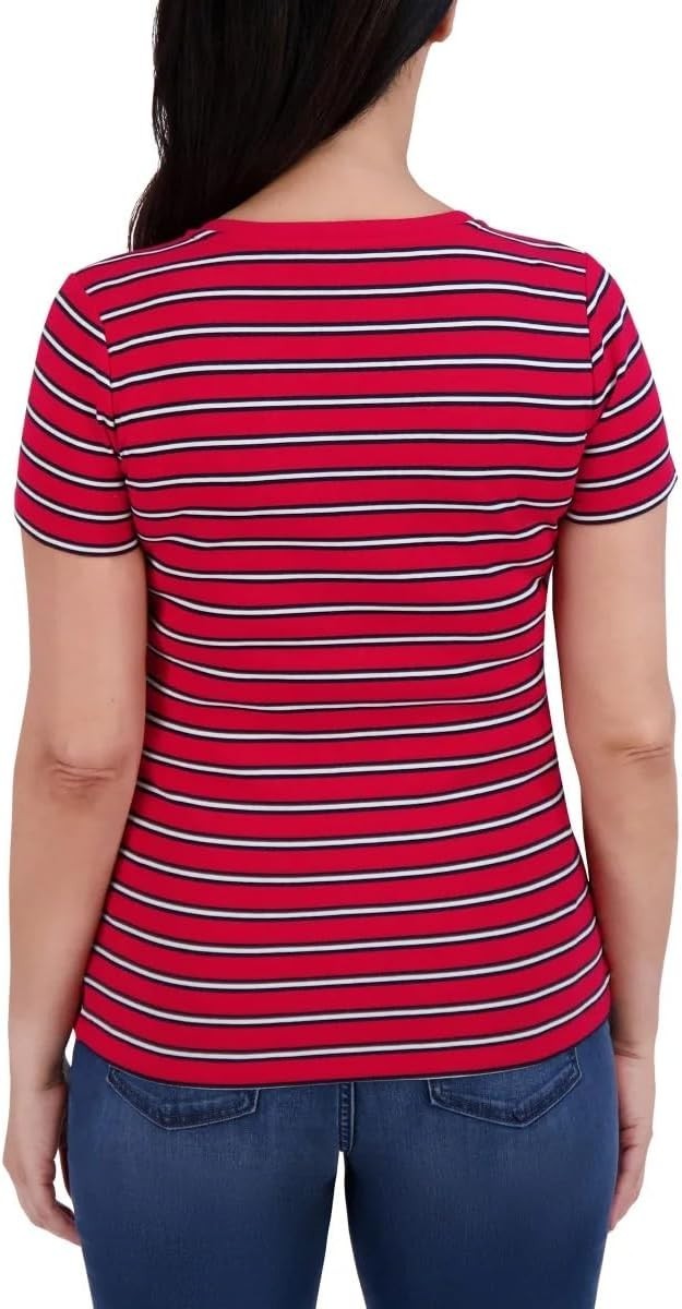 Tommy Hilfiger Women's V-Neck Short Sleeve Shirt, Red, Size S