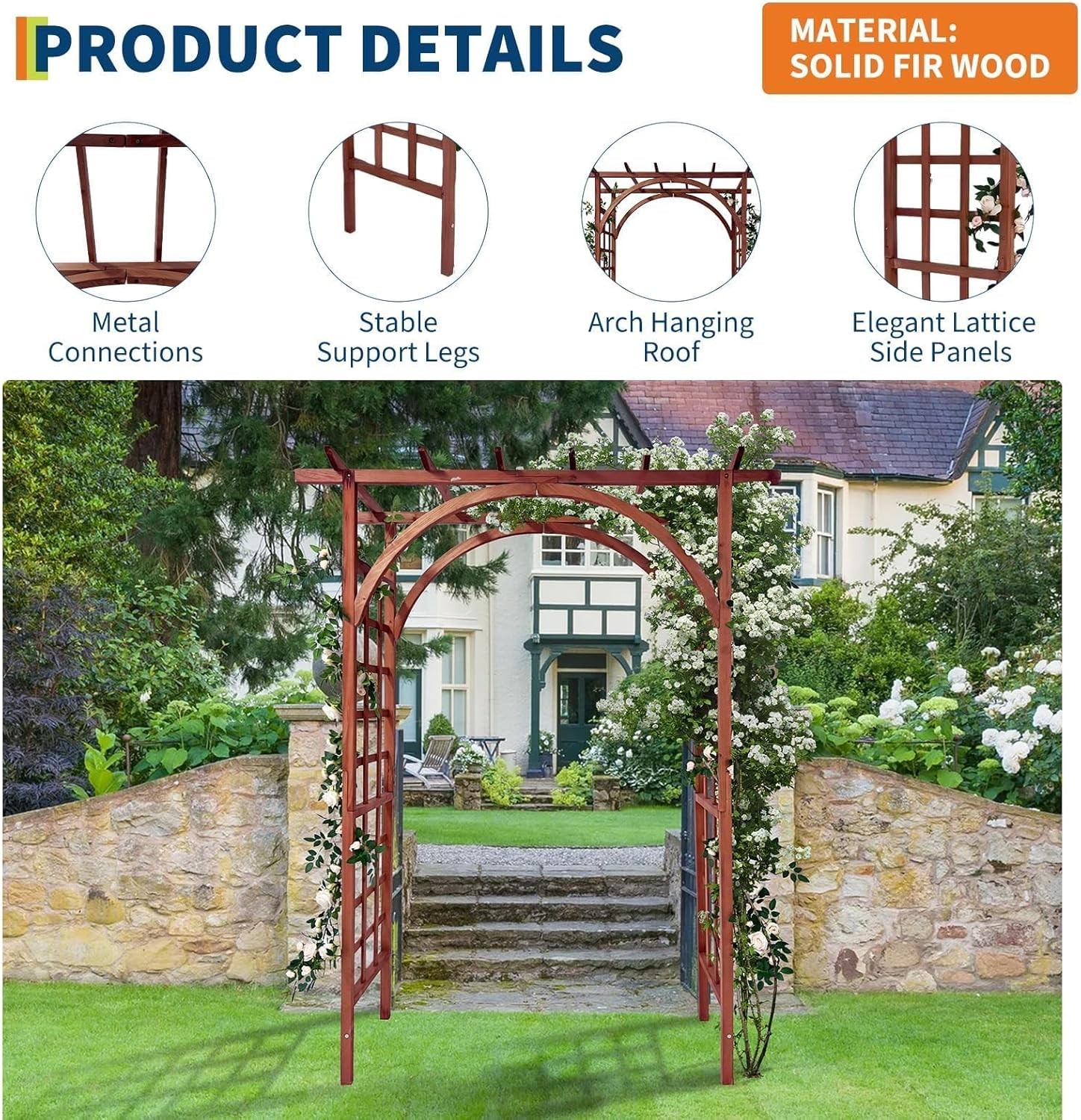 7 Ft Outdoor Wooden Arbor Arch Pergola Trellis Flat Arched Top Garden Yard Decor
