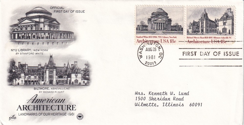 STAMP US SCOTT 1928, 1929 American Architecture. 1981 18 CENT FDC - N