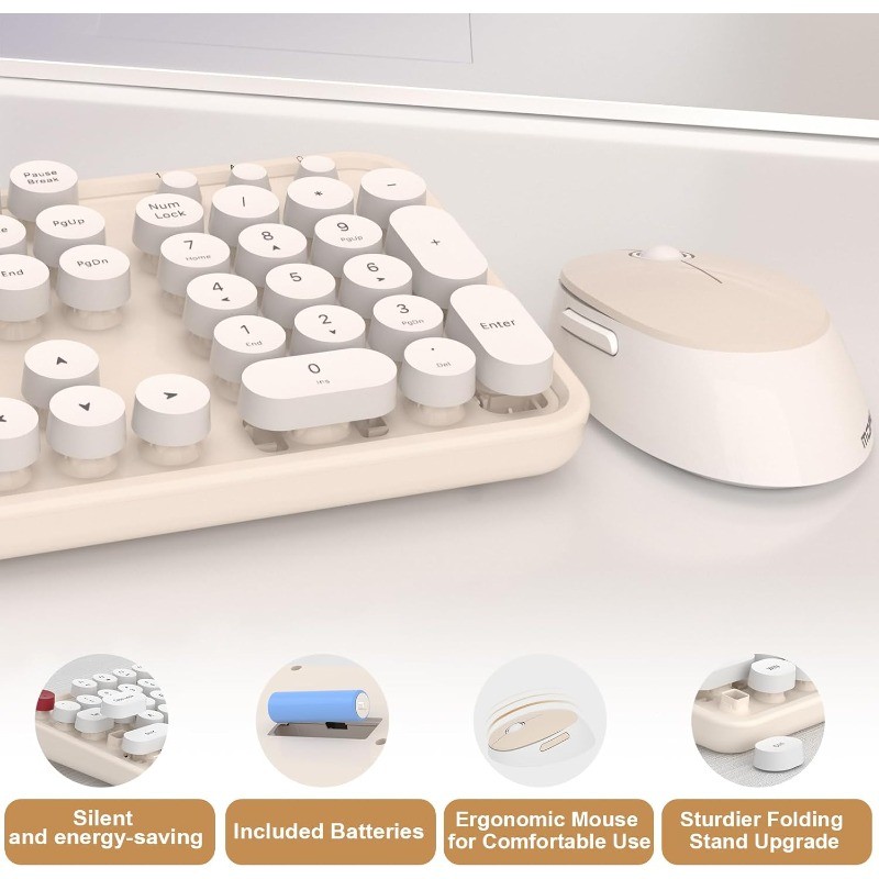 Full-size Wireless Keyboard and Mouse Bundle with OTG & Brush (Creamy)