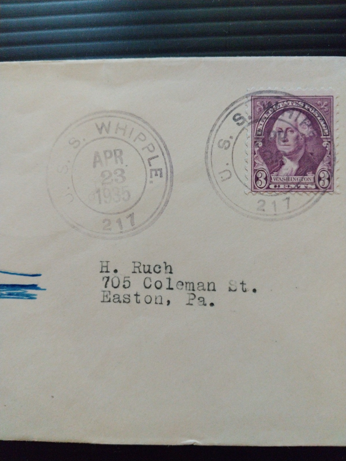 U.S.S. Whipple DD-217 Mailing Cover, Asiatic Fleet, APR 23, 1935
