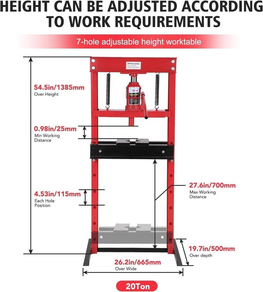 20 Ton Hydraulic Shop Press H-Frame w/ Adjustable Work Table & Press Plates