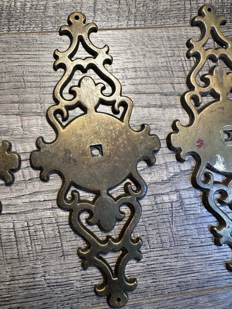4-VINTAGE Amerock DRAWER PULLS Back Plate Brass Holes Scrolls Open Work