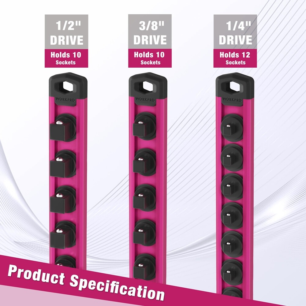 WORKPRO 3/8" Dr Heavy Duty Magnetic Socket Organizer Socket Holder Rack 10 Clips