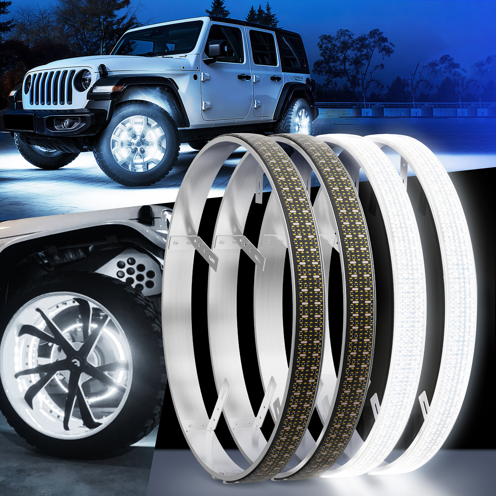 4Pcs 300W 17" Inch 5-Row Pure White LED Wheel Lights Car Rim Lights Ultra-Bright