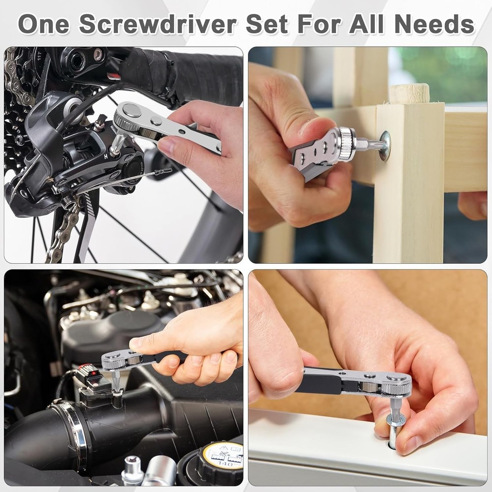 Ratcheting Right Angle Screwdriver Hex Drive 90 Degree Offset + 10pc Bits Set