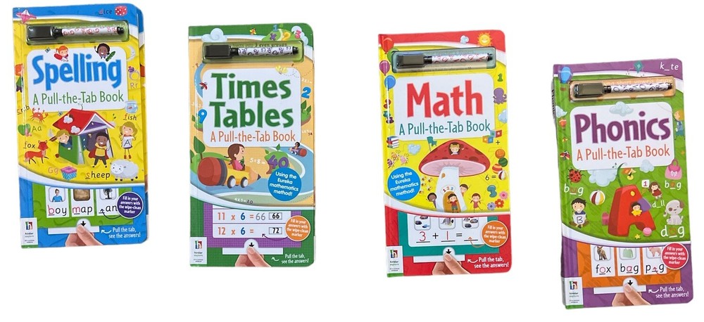 4 Kid Learning Book Math,reading Phonics Times Table Pull The Tab & Wipe Clean
