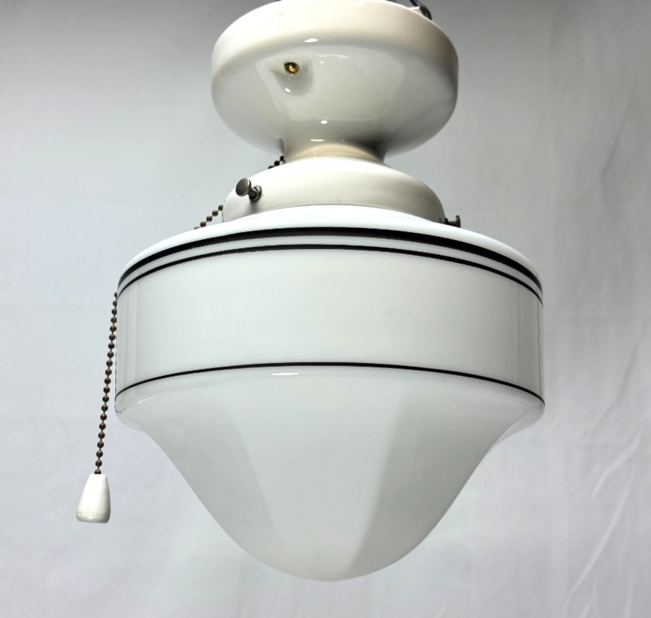 Vtg Porcelain Light Fixture Ceramic Ceiling Art Glass Shade Stripe USA #L99