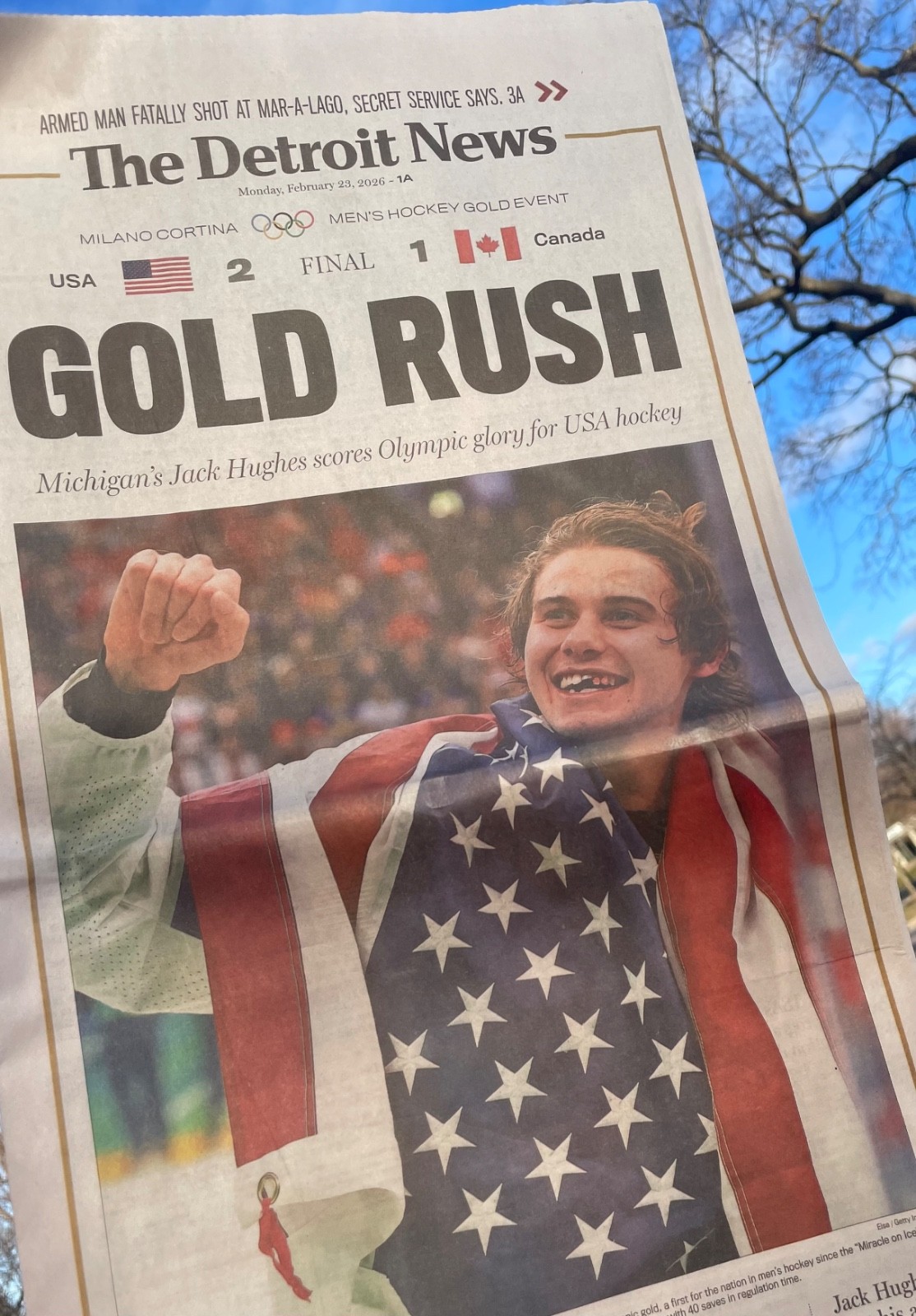 23FEB2026 TEAM USA 🇺🇸 WINS OLYMPIC GOLD RUSH DETROIT NEWS FULL PAPER HOCKEY