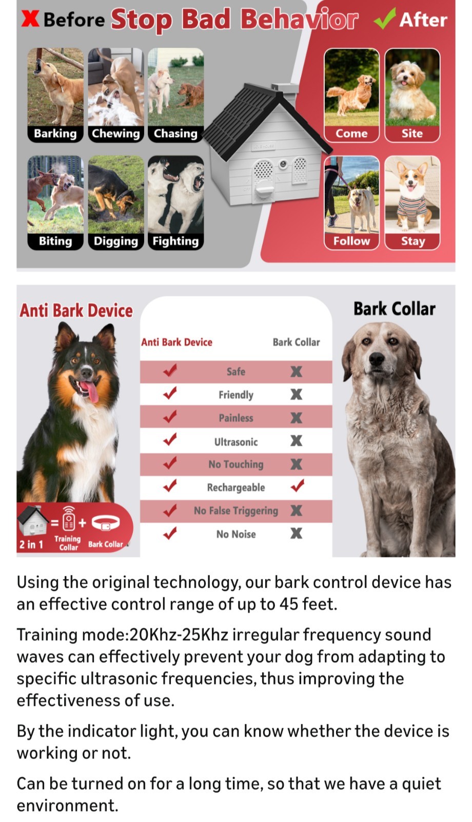 3 Modes 50Ft Ultrasonic Dog Bark Deterrent Device Weatherproof Safe Anti Bark