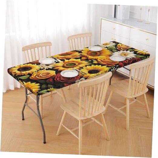 Picnic Table Cover with Elastic Edge,6FT 72" x 30" (Rectangular) Sunflower