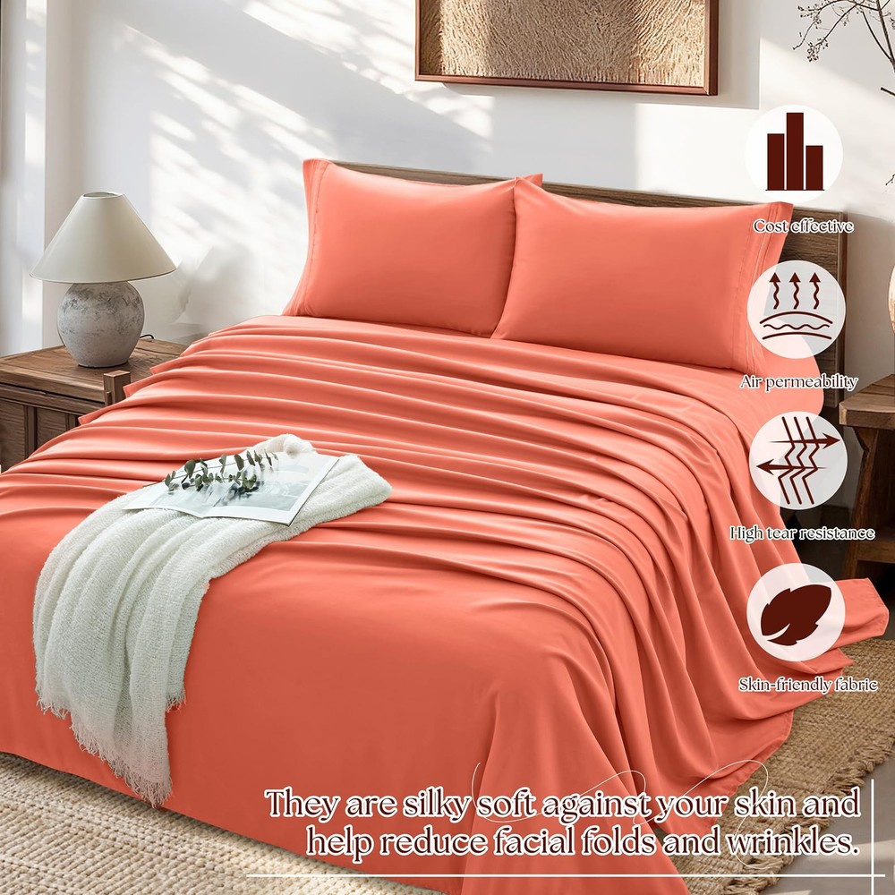 Full Size Bed Sheets Burnt Orange Sheet Set - 1800 Thread Count Sheets, 4 Pie...