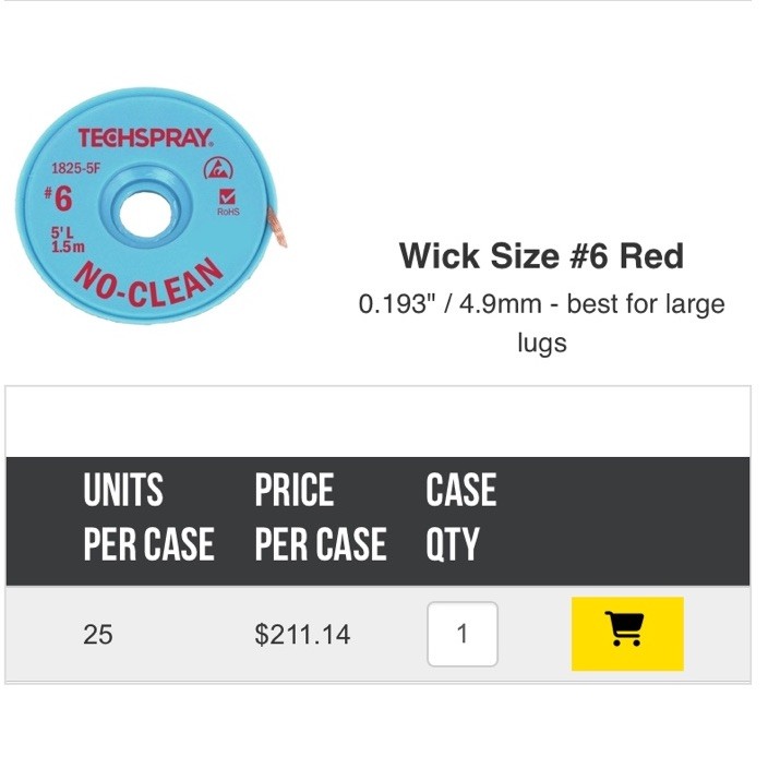 Techspray No-Clean Red #6 Braid - AS Desoldering Wick Each 0.193 Dia. 5’ Long