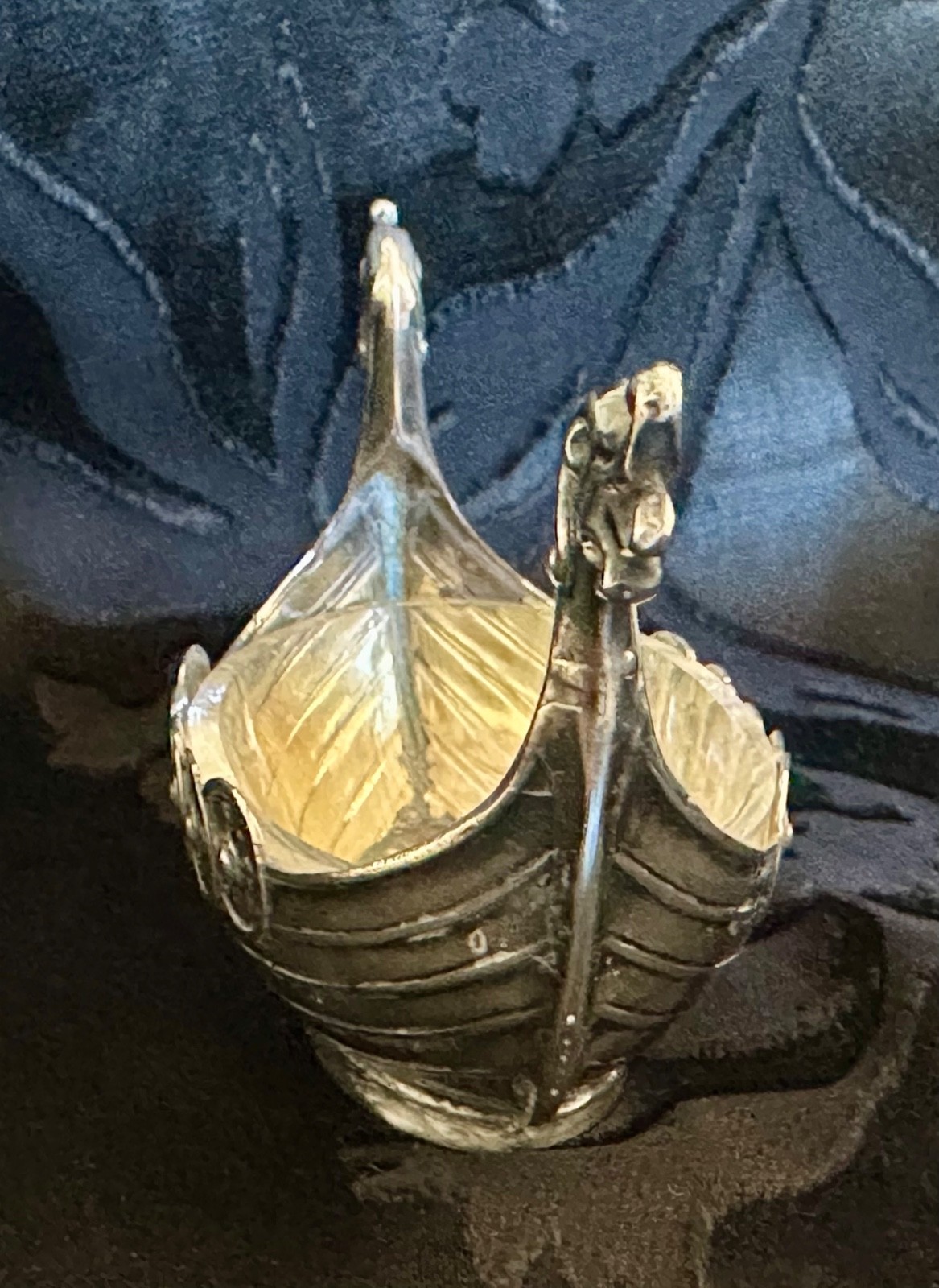 Vintage 925S Sterling Silver Viking Ship Salt Cellar Clear Glass Liner Insert