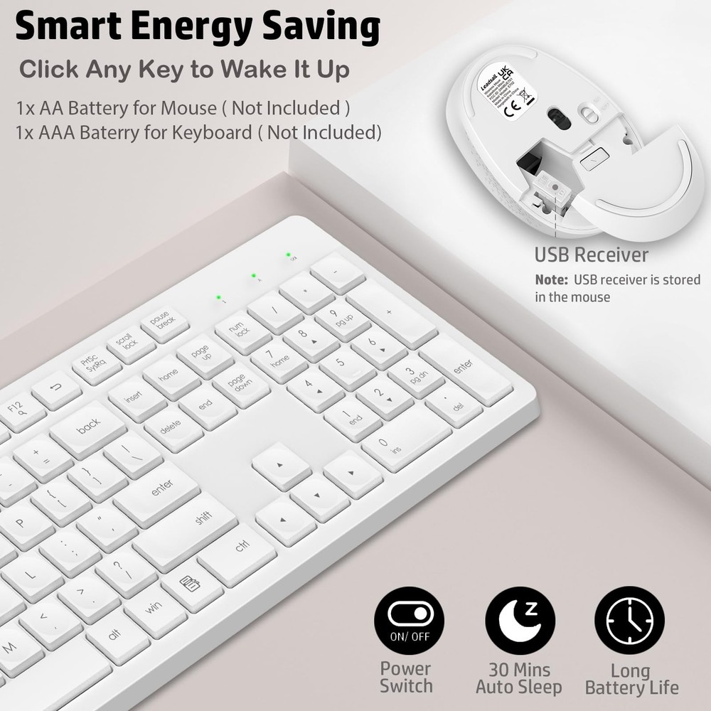 White Wireless Keyboard and Mouse Combo Full-Sized Ergonomic Computer Keyboar...
