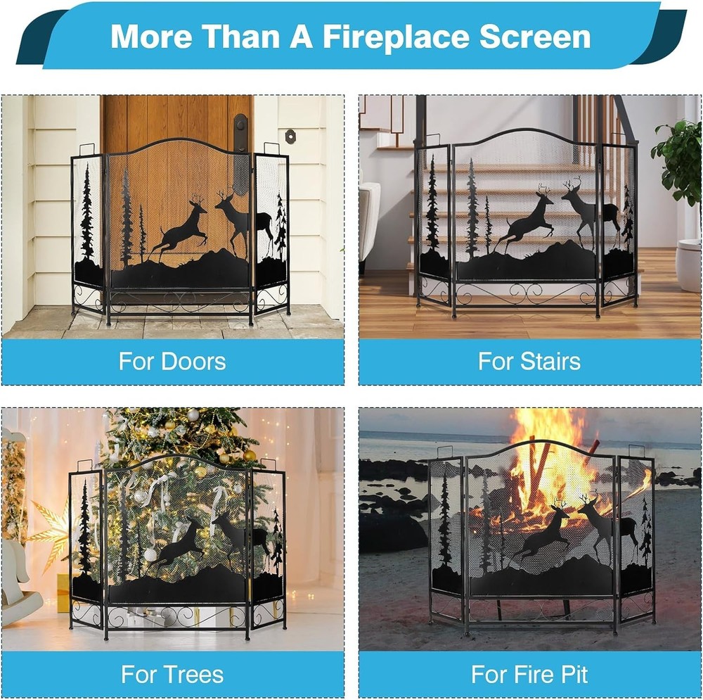 3 Panel Fireplace Screen with Deer Pattern,47.6” x 30.7” Large Folding Firepla..