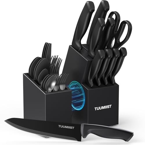 32-Piece Knife Set with Block, Sharpener, Silverware Set, an