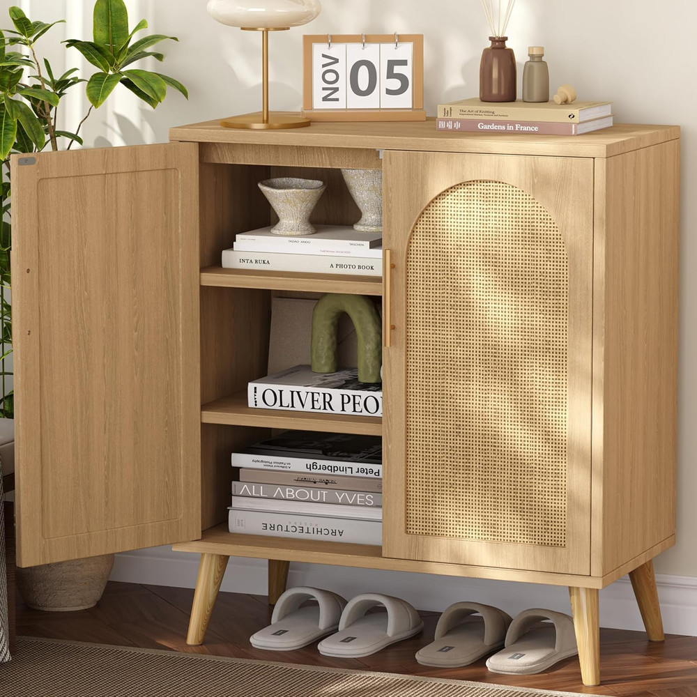 Rattan Buffet Cabinet with Storage, Boho Buffet Table with Adjustable Shelf and