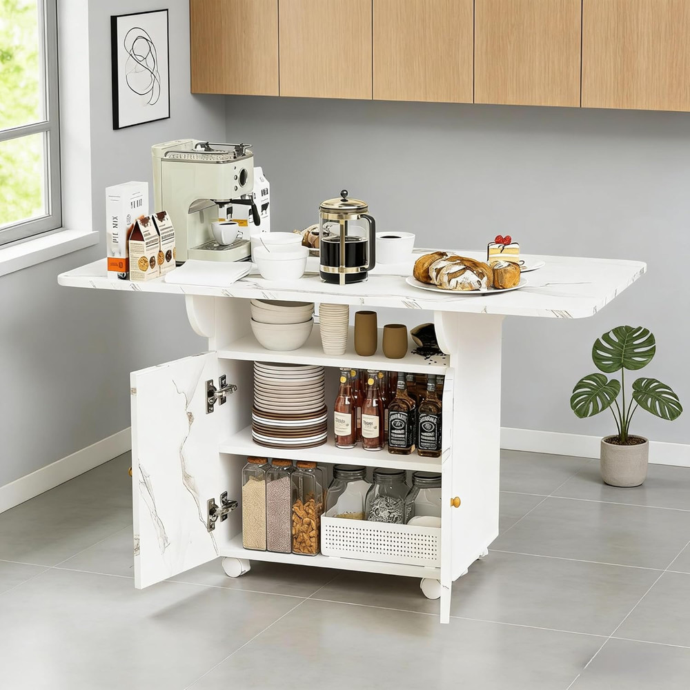 47" Rolling Kitchen Island with Storage & Drop Leaf - White Marble Top