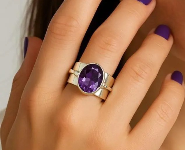 Solid 925 Sterling Silver Natural Amethyst Oval Gemstone Wide Band Handmade Ring