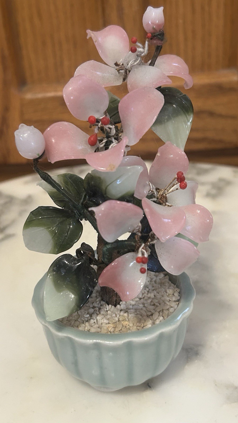 VTG Chinese Jade Glass Leaves Pink Cherry Flowers Bonsai Tree Green Celadon Pot