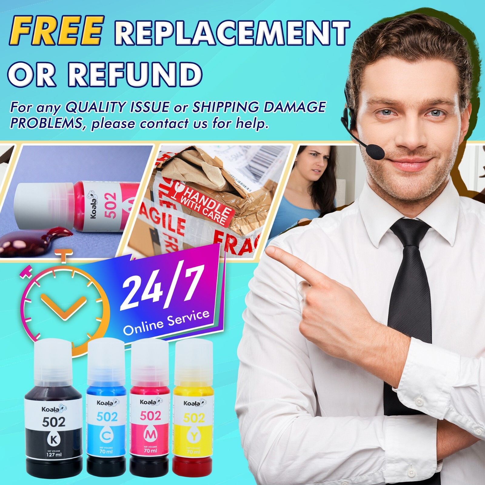 Koala 502 Ink Refill Bottles Replacement for Epson EcoTank ET-2700 ET-3760 15000