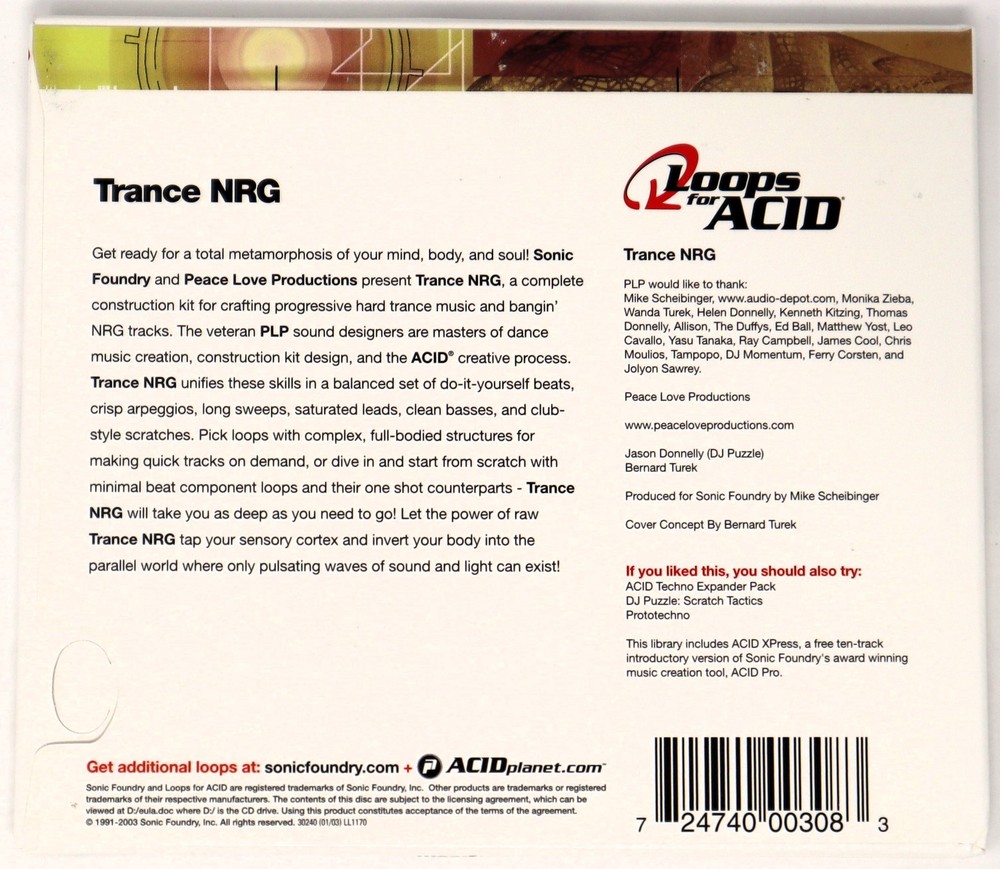 Sonic Foundry Trance NRG Loops For Acid Sample Library/Sound Library/Sampling CD