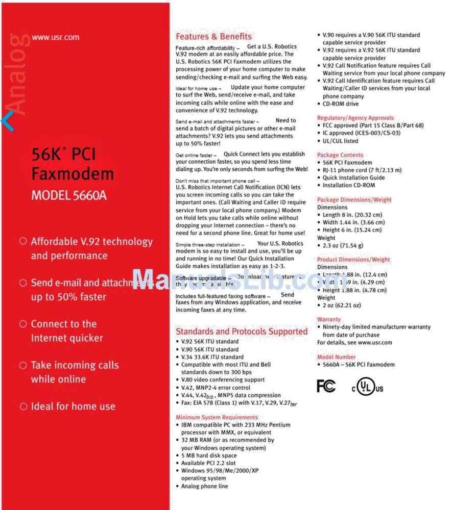 USRobotics USR5660A 56 Kbps V.92 Internal PCI Modem w/ Installation Disk