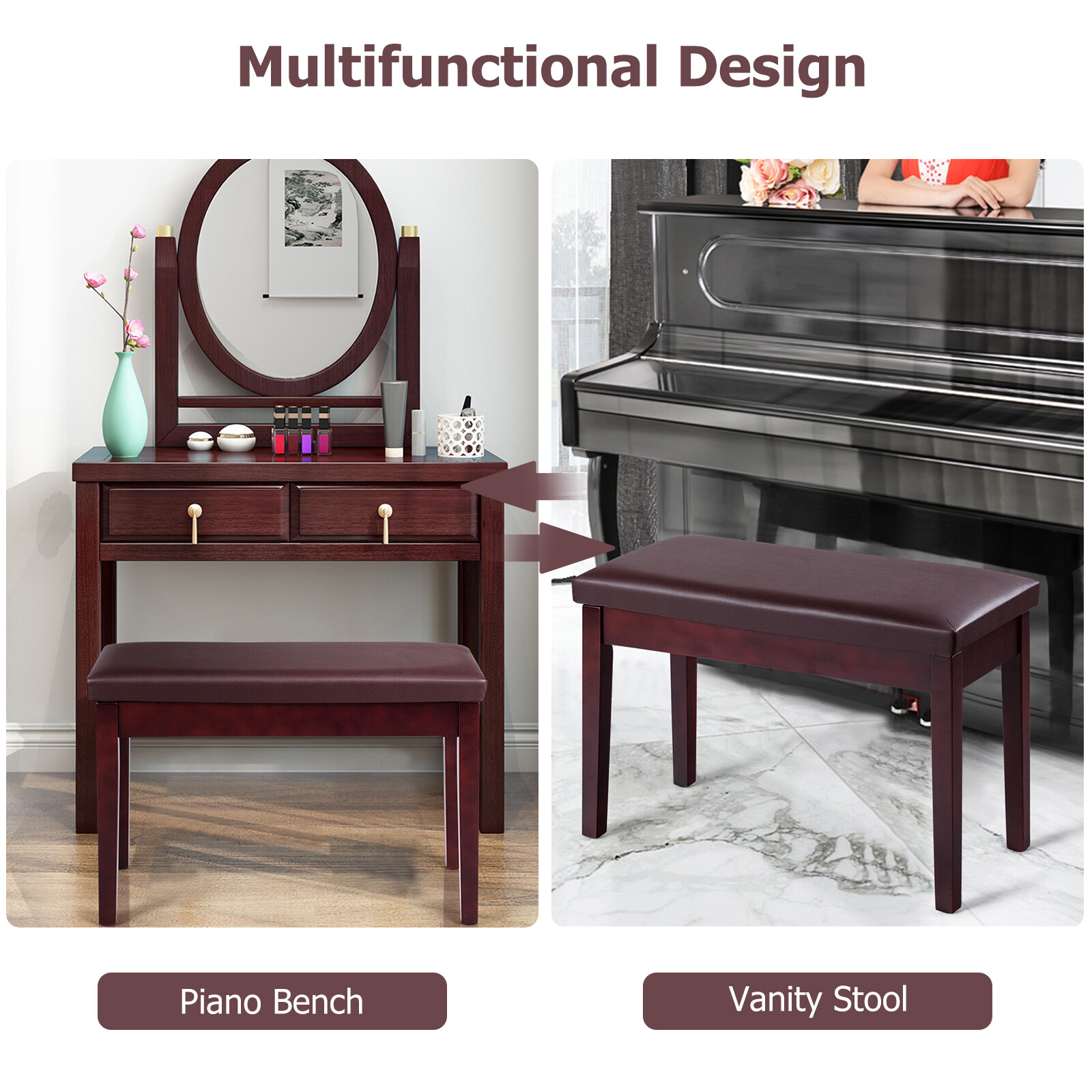 Solid Wood PU Leather Piano Bench Padded Double Duet Keyboard Seat Storage Brown