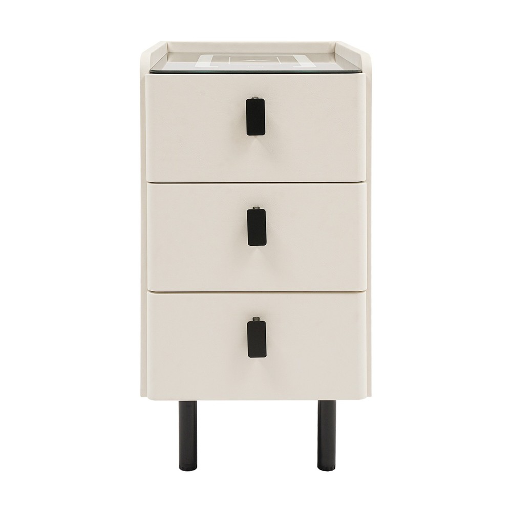 3 Drawers Smart Bedside Table Nightstand With LED Light+Wireless Charging+USB