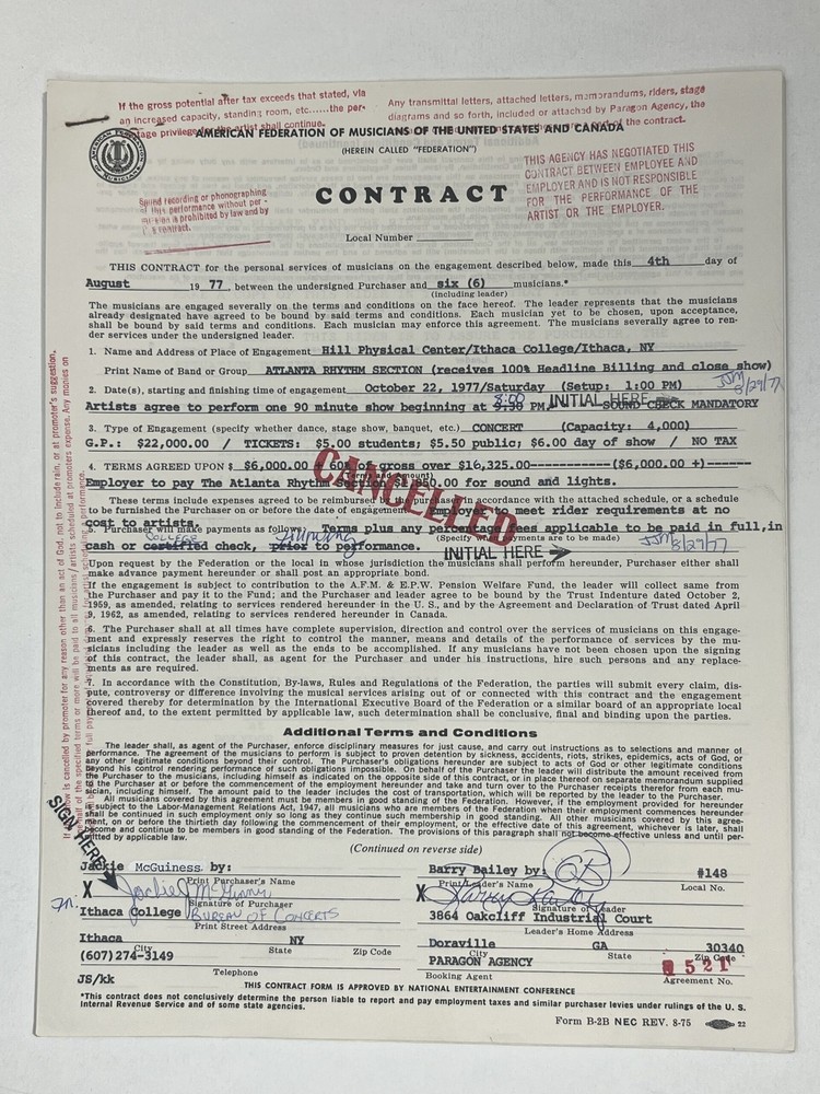 The Atlanta Rhythm Section Cancelled Concert Contract 1977 Ithaca NY
