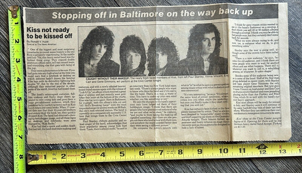 KISS Concert Clipping Lick It Up Tour Baltimore Feb 28 1984 Carr Vintage Kiss