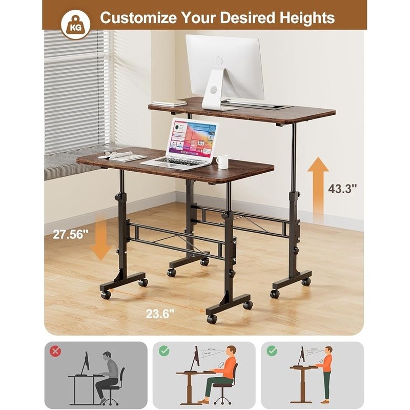 Adjustable Height Mobile Standing Desk W/ Wheels Compact Ergonomic Rolling Desk