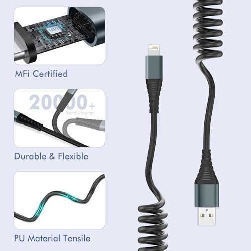 Coiled Lightning Cable 2 Pack MFi Certified Car iPhone Charger Cable，USB 3FT