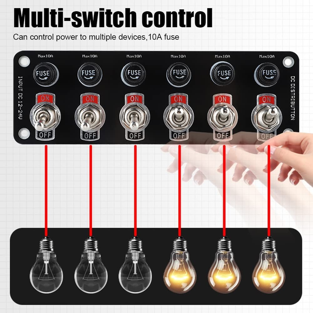 Waterproof Toggle Switch Panel Kit, DC 12V 6-in-1 Toggle Switch with 10A Fuse ON