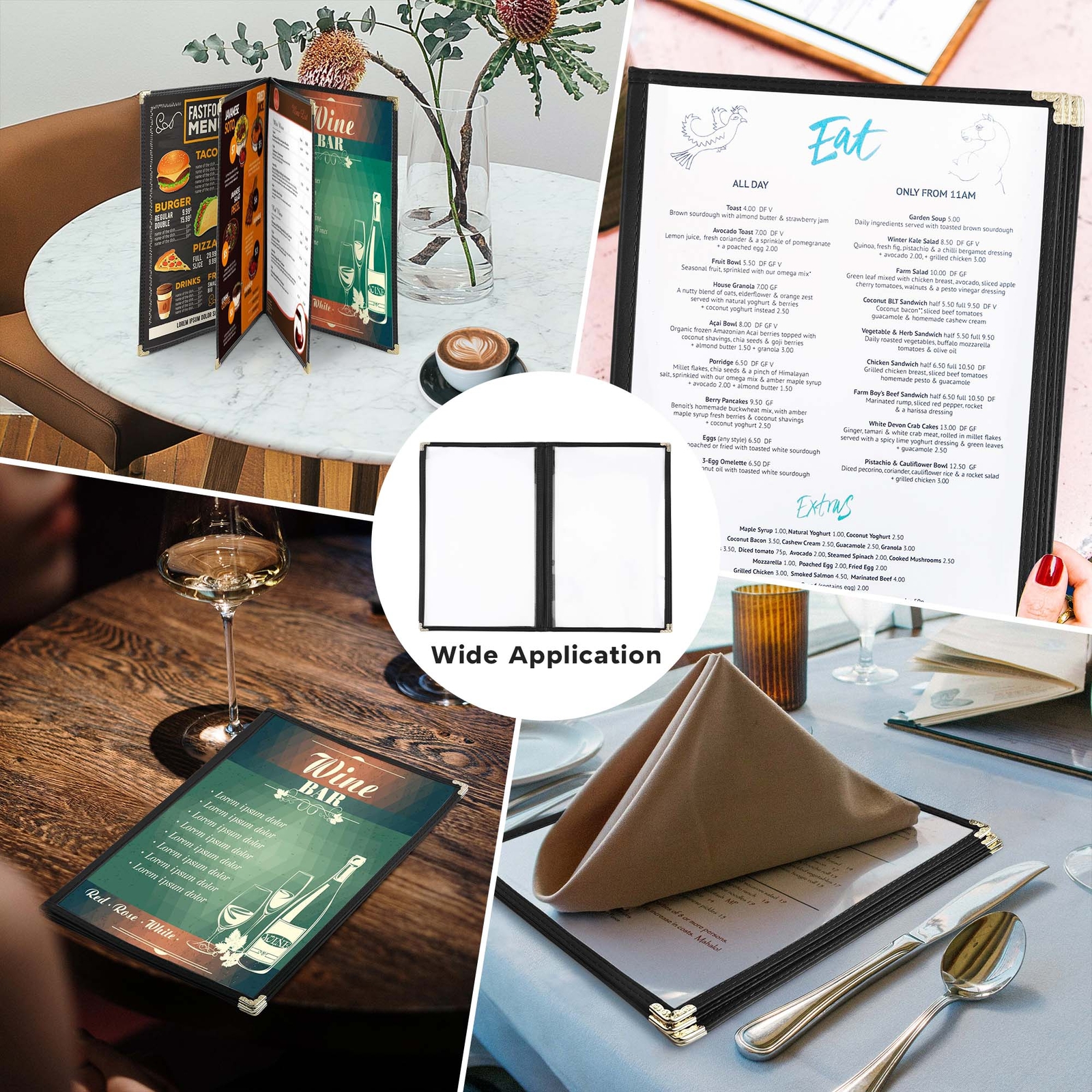 WeChef 20 Pack 8.5"x14" 4 Page 8 View Menu Covers Black Trim Restaurant Cafe