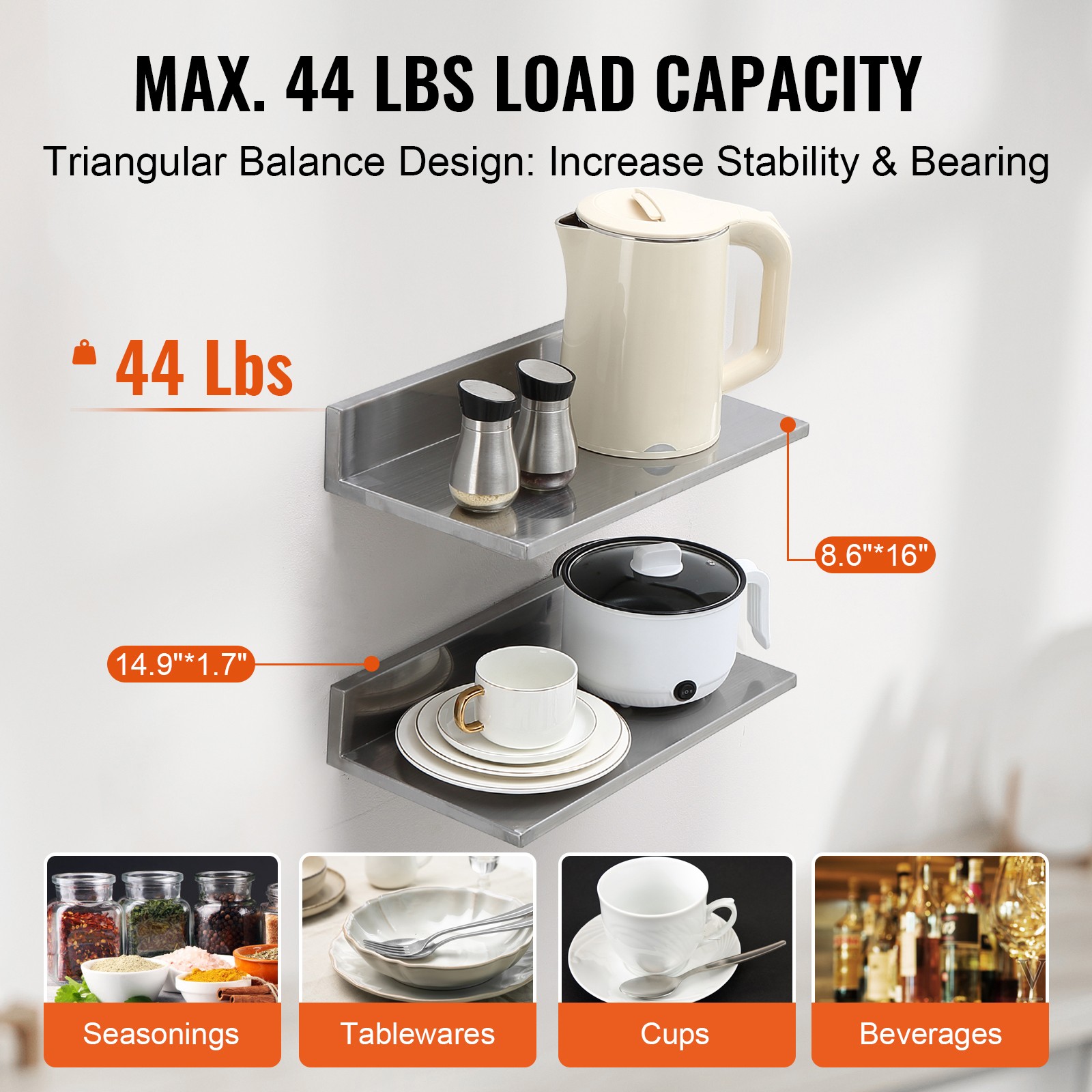 VEVOR 16" x 8.6" Stainless Steel Wall Mounted Shelf Kitchen Shelving 2 Pack