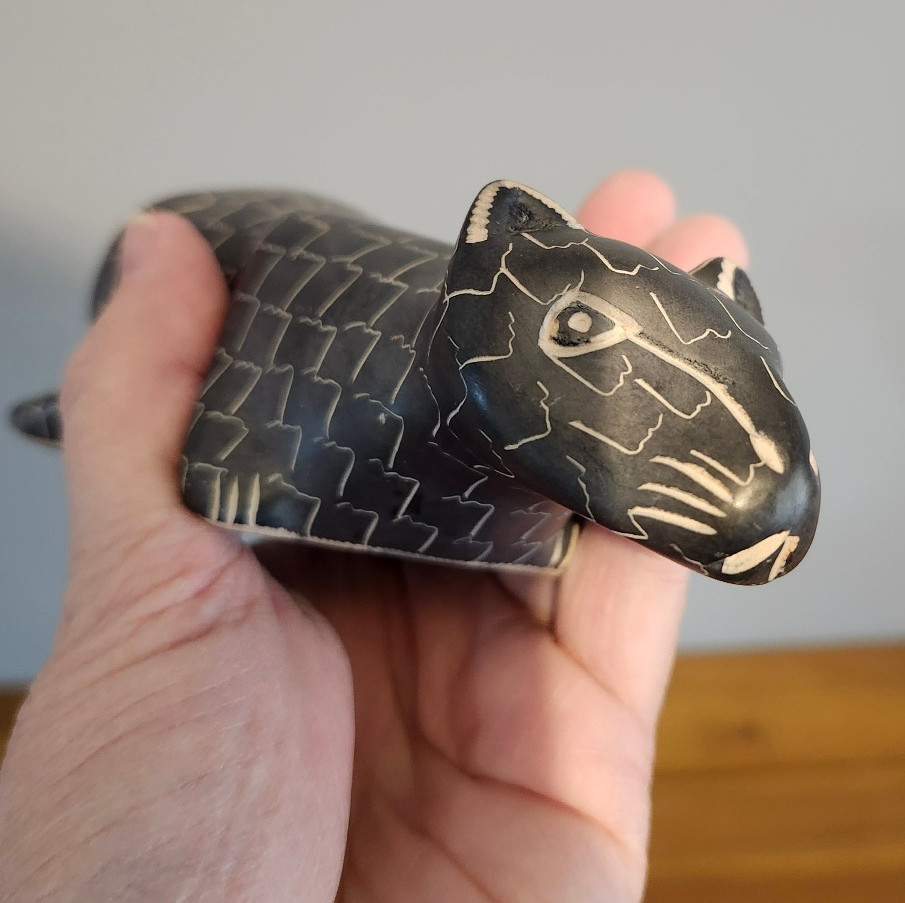 VTG Soapstone Black Big Cat Hand Carved African Figurine Kenya 7" long