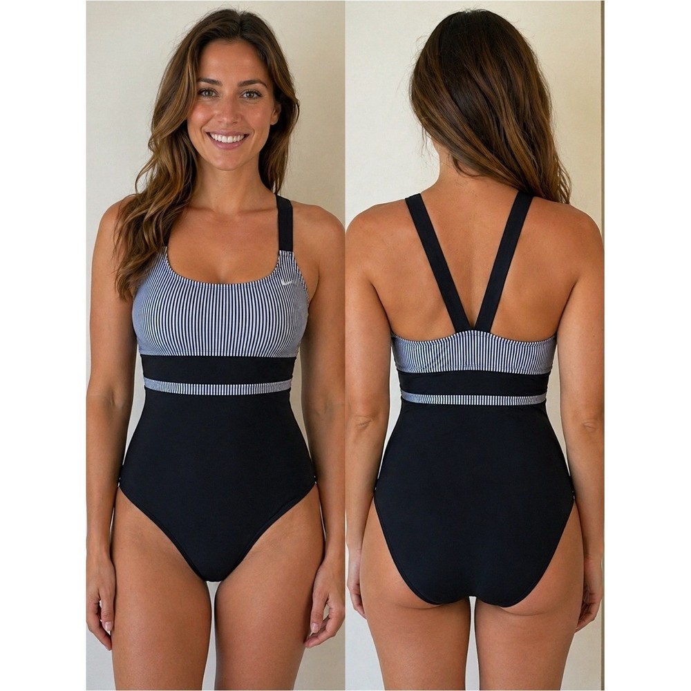 Nike Mesh Solid Edge V-Back One Piece Swimsuit Black Striped Medium Athletic