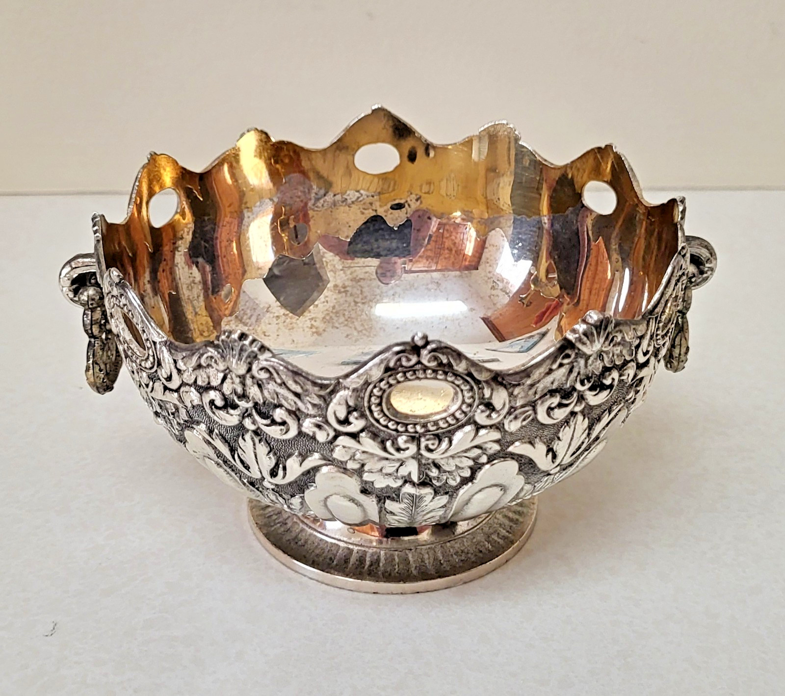 Vtg Silverplate Gold Bowl Candy Dish 5x3" Ornate Handles Embossed Raimond Japan