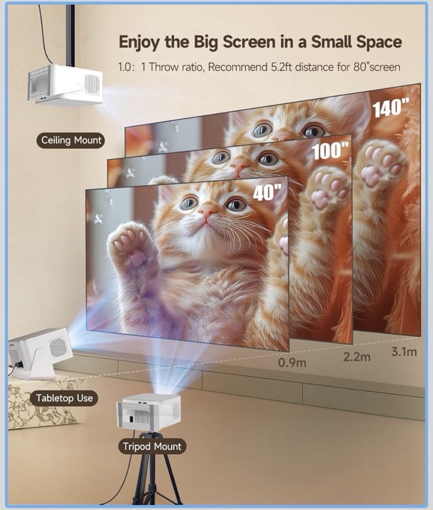 Smart Projector with 4K 8K Support, Mini Projector with Wifi6 and Bluetooth5.4