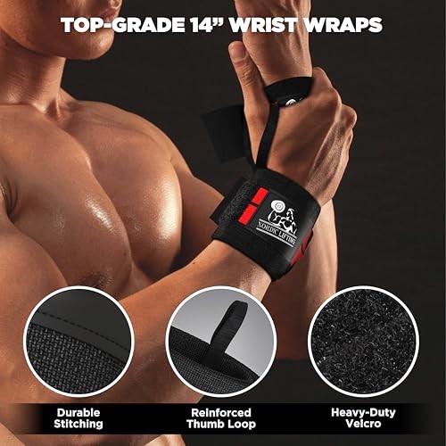 Wrist Wraps + Lifting Straps Bundle (2 Pairs) for Weightlifting, Black/Red